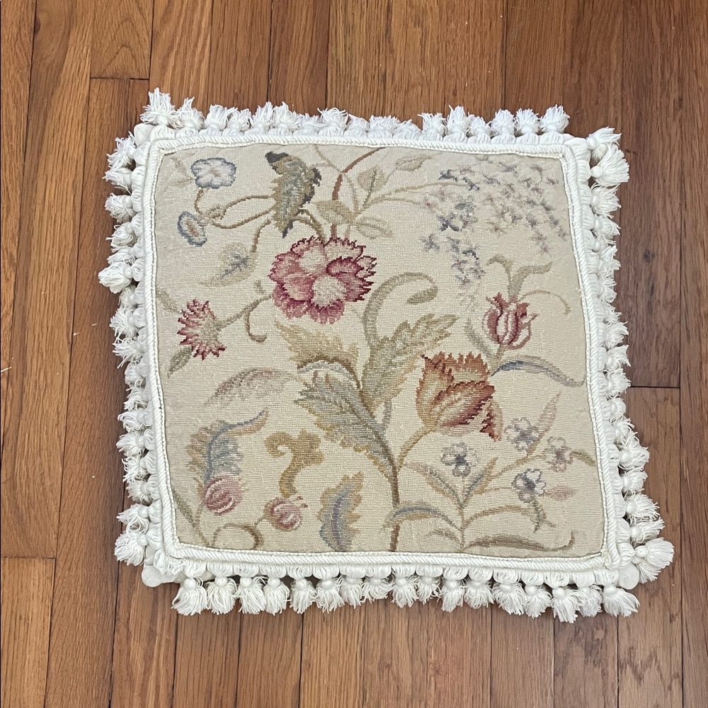 Laura Ashley needlepoint Floral Accent Pillow - Cream, sage and rust.